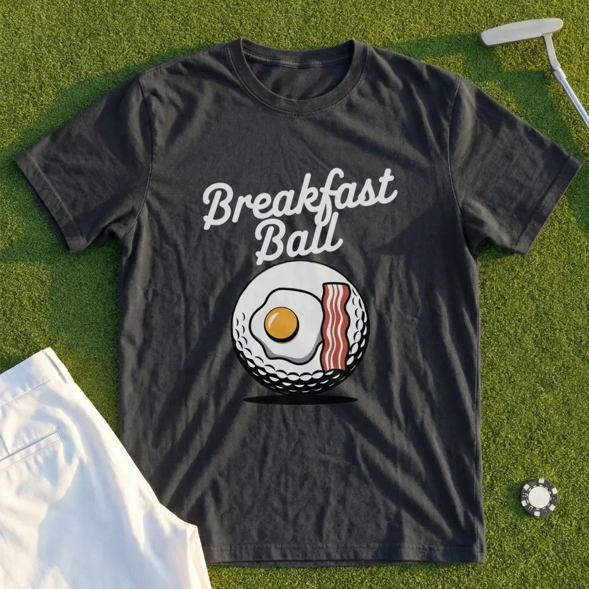 Breakfast Ball funny golf t-shirt from Shanked Right, off-course apparel about golf's unwritten rule of the first-tee do-over