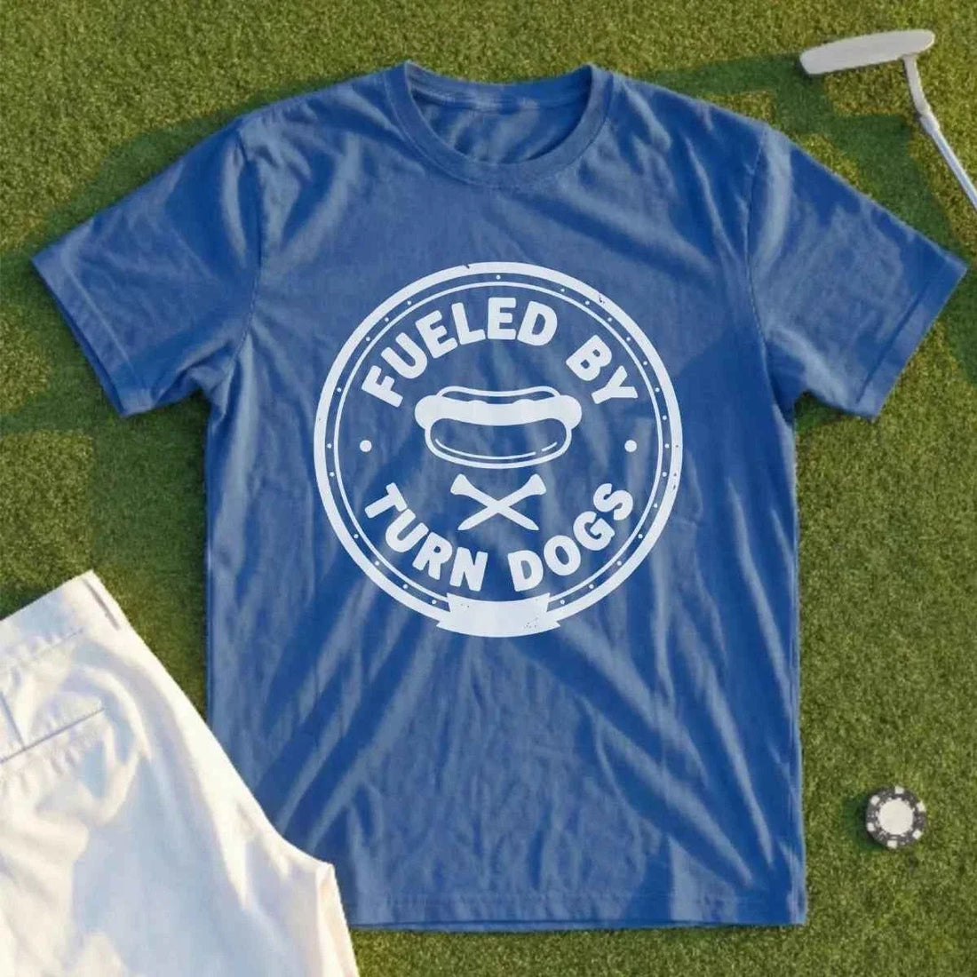 Fueled By Turn Dogs golf t-shirt from Shanked Right, a funny golf graphic tee worn at a golf watch party