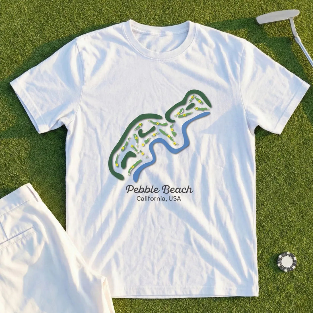 Pebble Beach Course Map funny golf t-shirt from Shanked Right, a golf gift under fifty dollars that looks more expensive than it is