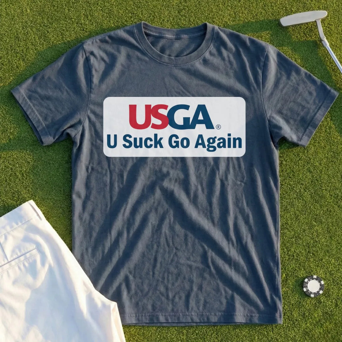 U Suck Go Again funny golf t-shirt from Shanked Right, off-course apparel built for the trash talk of a funny golf group chat