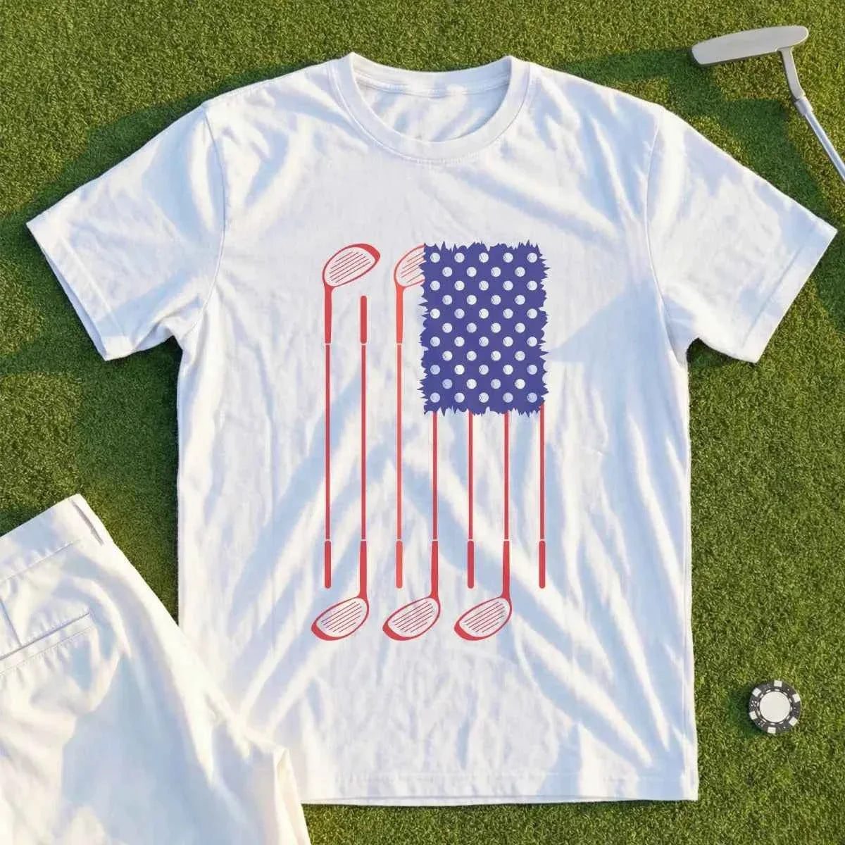 USA Flag Clubs and Balls golf t-shirt from Shanked Right, an American flag golf graphic tee for watching the Presidents Cup