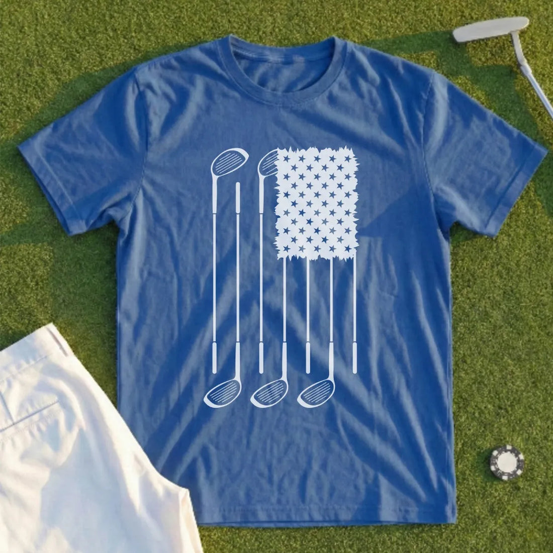 USA Flag Clubs and Stars funny golf t-shirt from Shanked Right, the off-course Labor Day uniform for an all-day 36-hole golf marathon