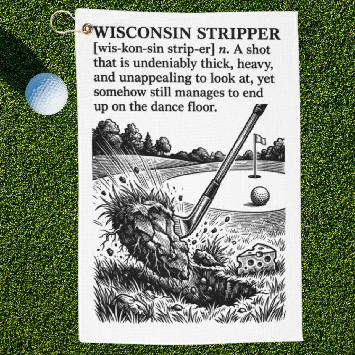 Wisconsin Stripper funny golf towel from Shanked Right hanging off the bag as a conversation starter