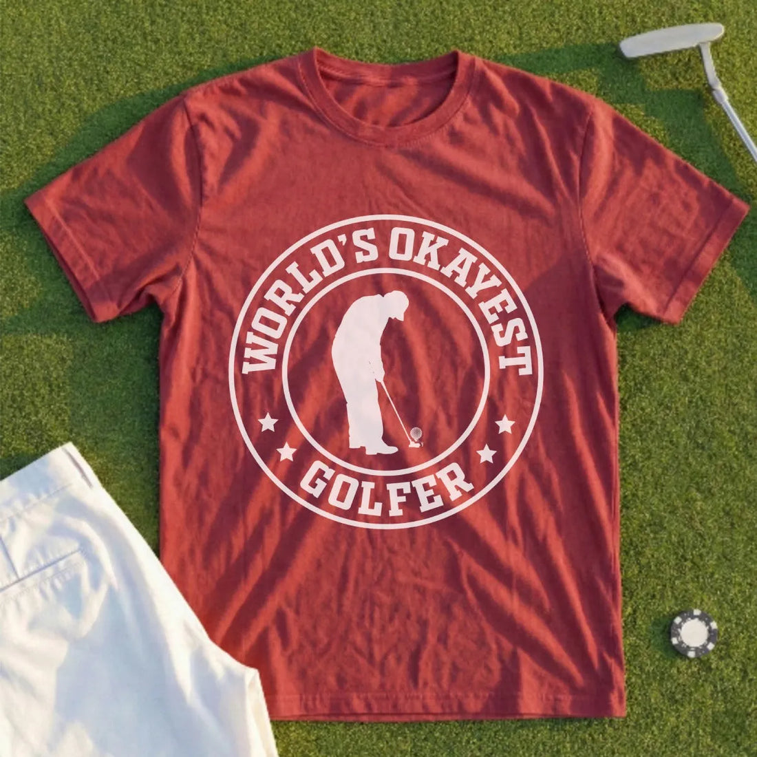 World's Okayest Golfer funny golf t-shirt from Shanked Right, the ideal scramble shirt for a player who has not practiced all summer