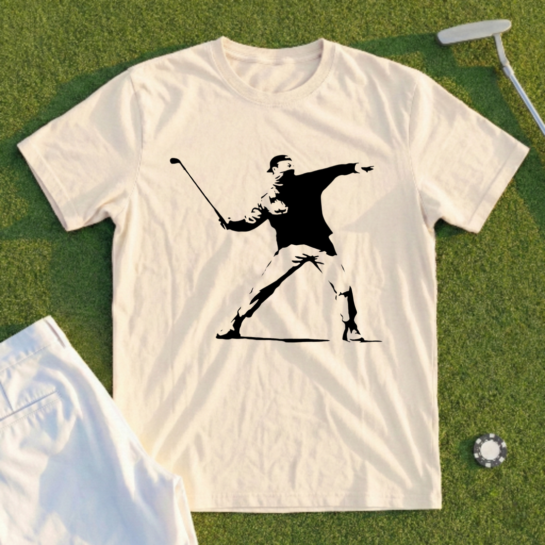 Funny golf t-shirt with club throwing design from Shanked Right