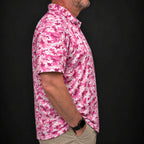 Pink Camo Performance Print Polo worn, side view