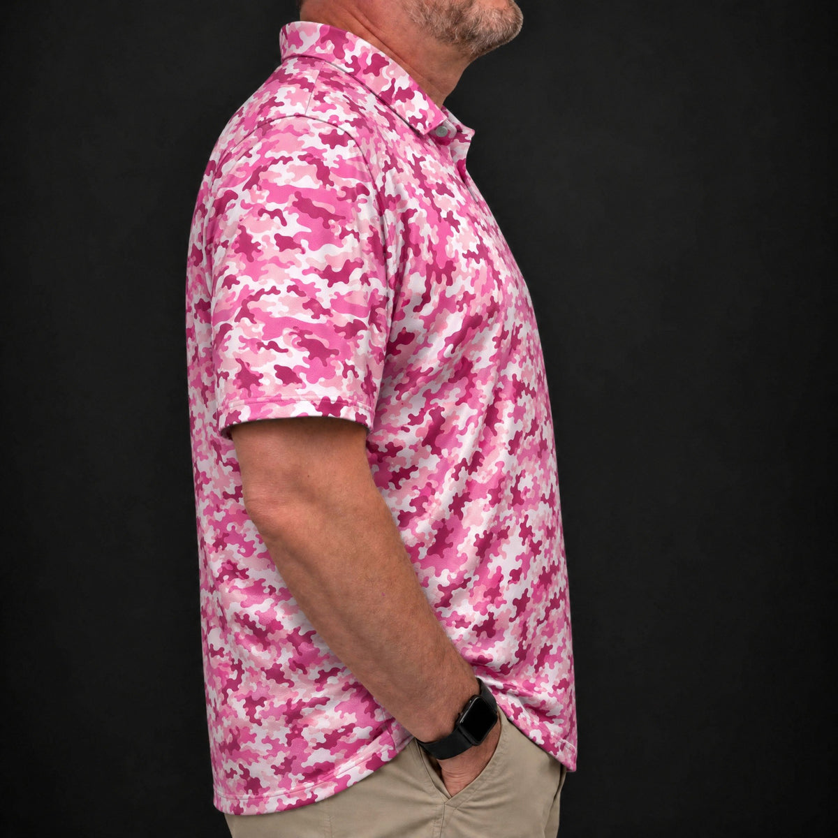 Pink Camo Performance Print Polo worn, side view