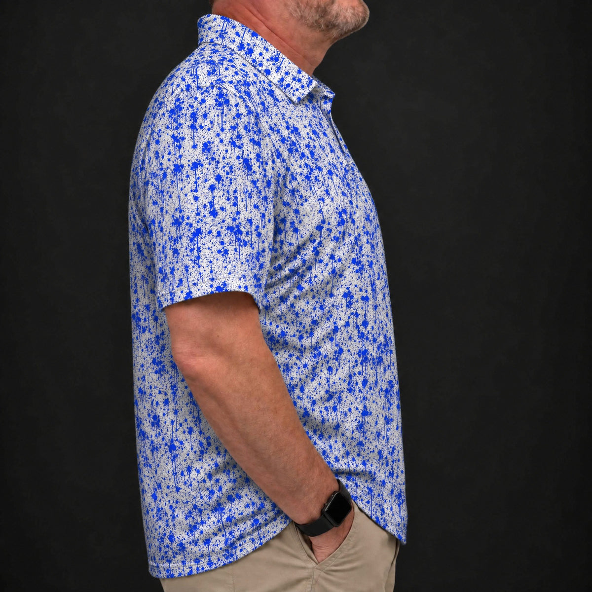 Blue Splatter Performance Print Polo worn, side view
