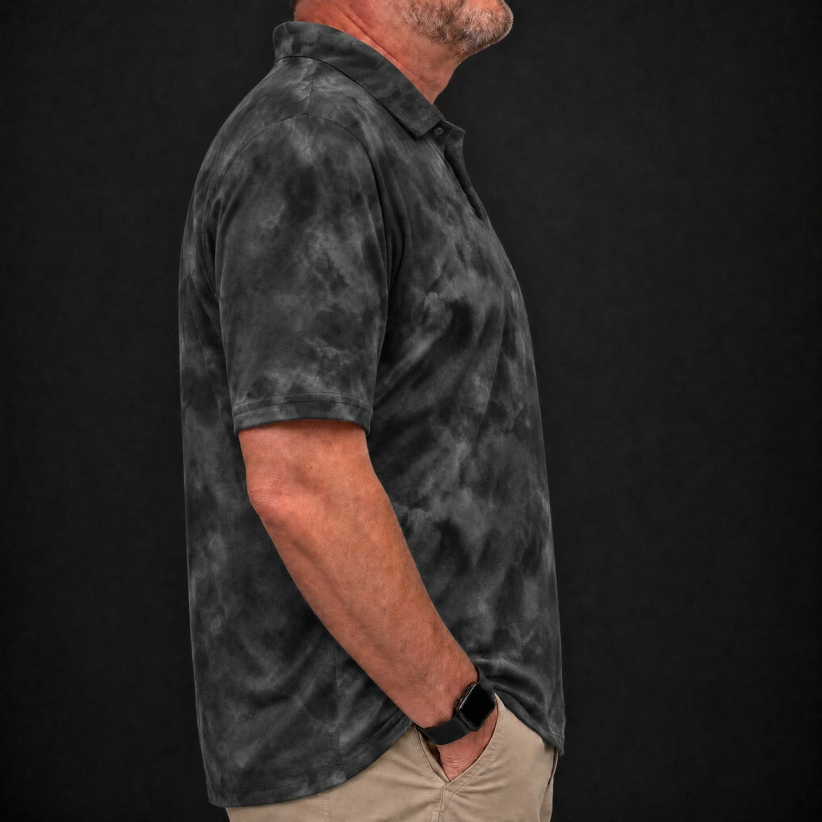 Black Smoke Performance Print Polo worn, side view