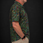 Electric Splatter Performance Print Polo worn, side view