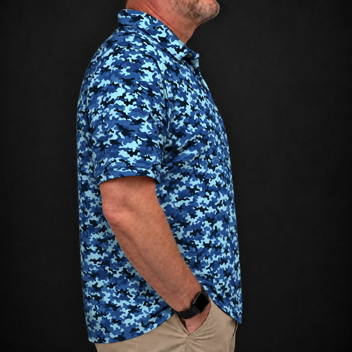 Blue Camo Performance Print Polo worn, side view