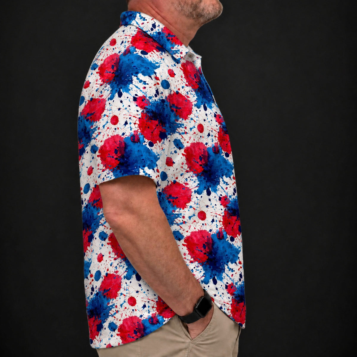 Patriot Splatter Performance Print Polo worn, side view