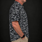 Grey Camo Performance Print Polo worn, side view