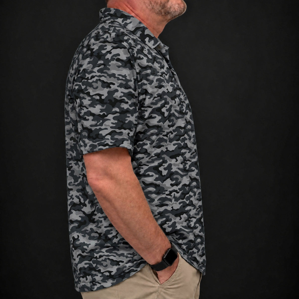Grey Camo Performance Print Polo worn, side view
