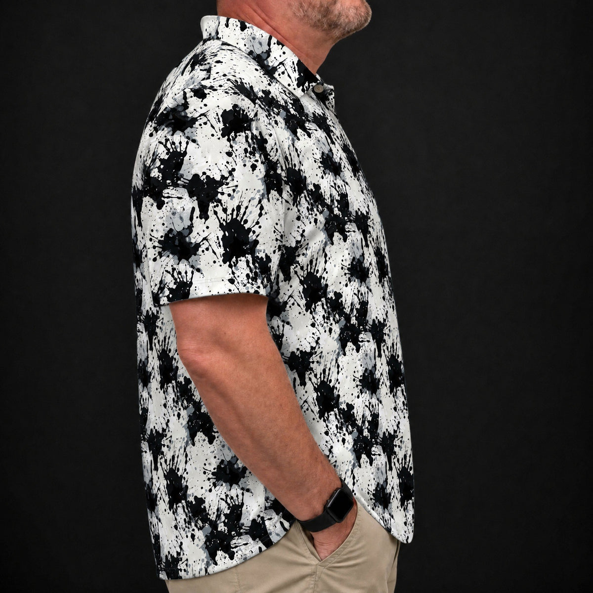 Ink Splatter Performance Print Polo worn, side view