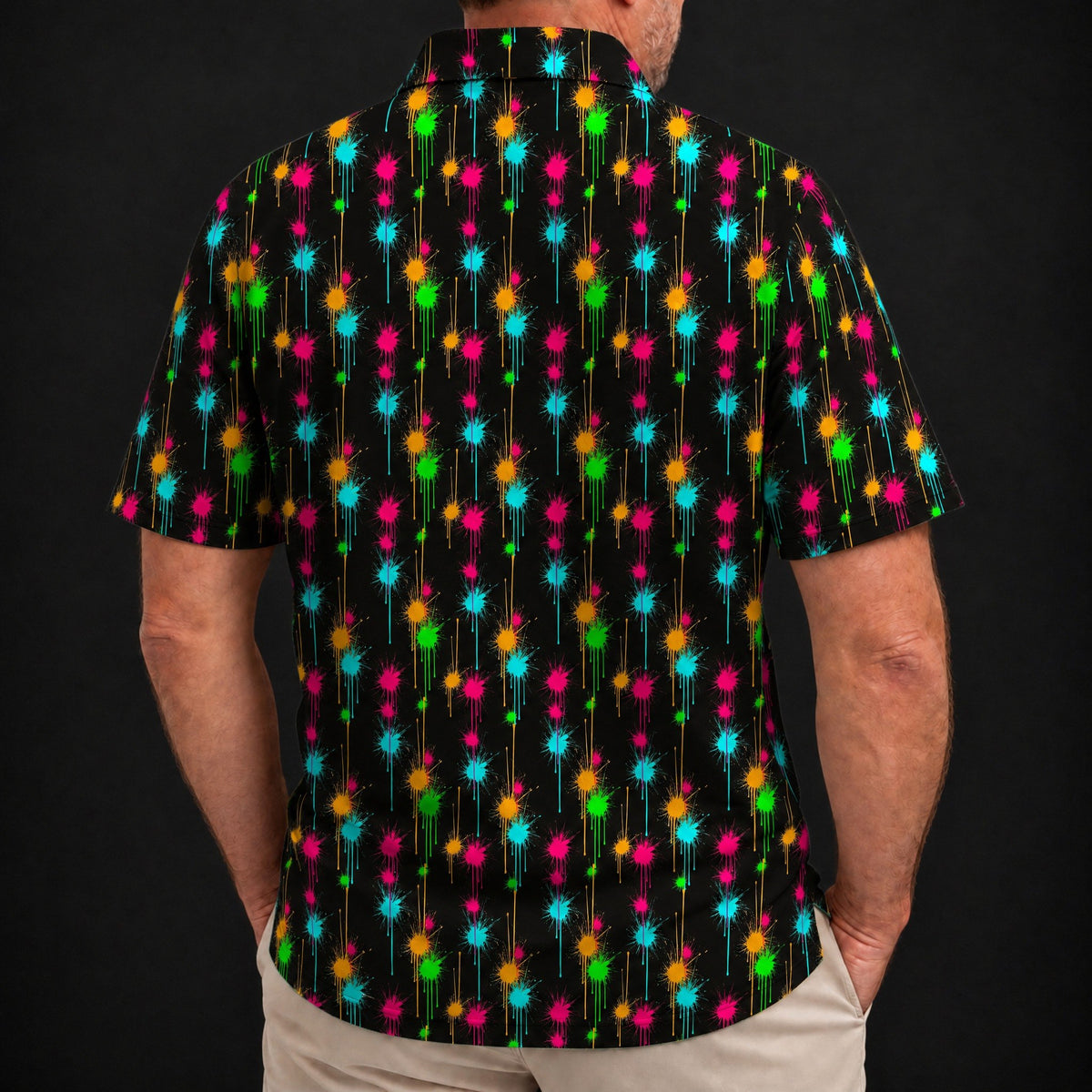 Neon Drip Performance Print Polo worn, back view