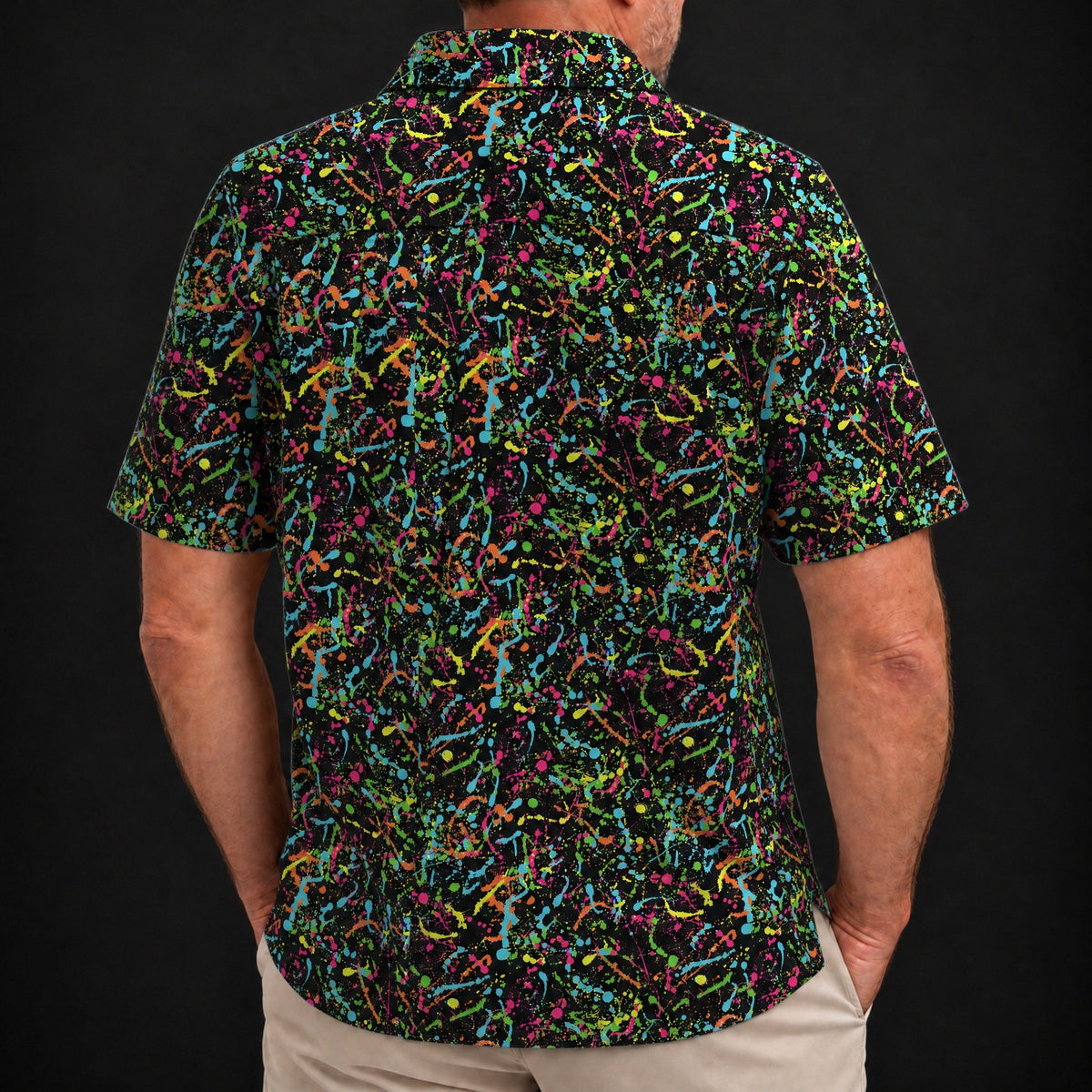 Electric Splatter Performance Print Polo worn, back view