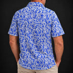 Blue Splatter Performance Print Polo worn, back view