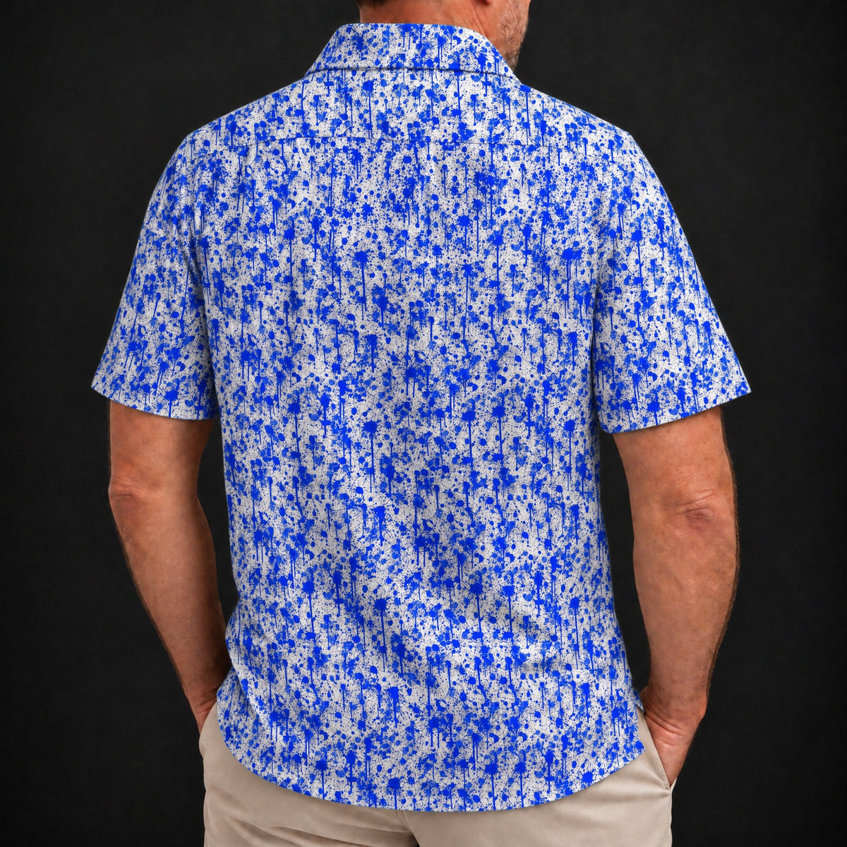 Blue Splatter Performance Print Polo worn, back view