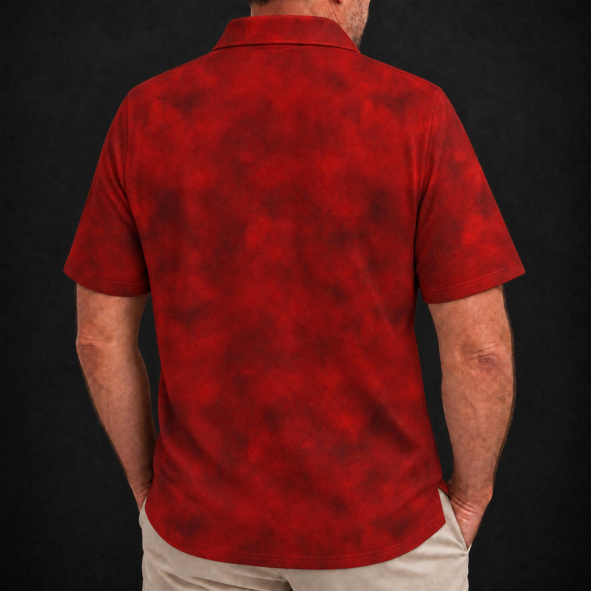 Red Smoke Performance Print Polo worn, back view