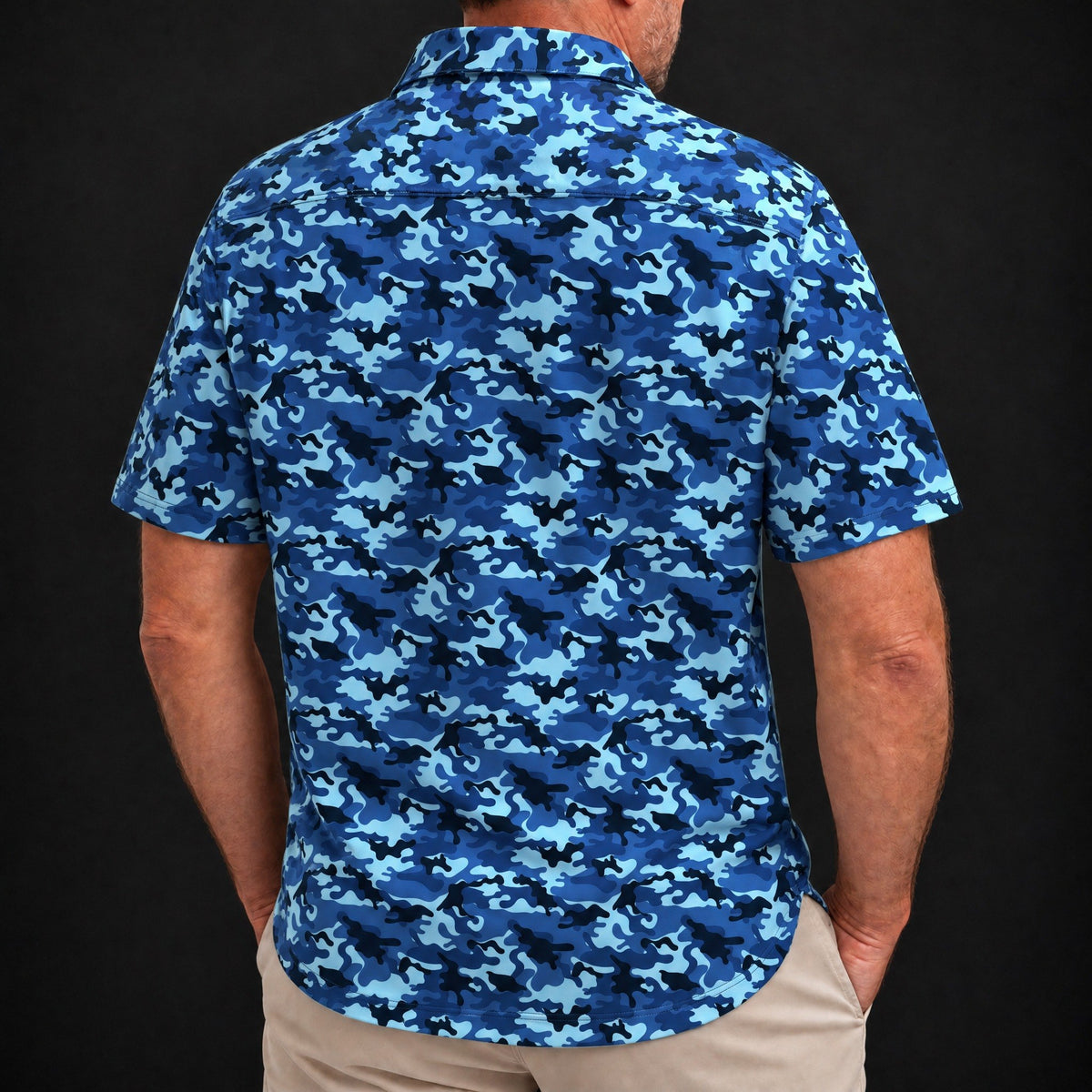 Blue Camo Performance Print Polo worn, back view