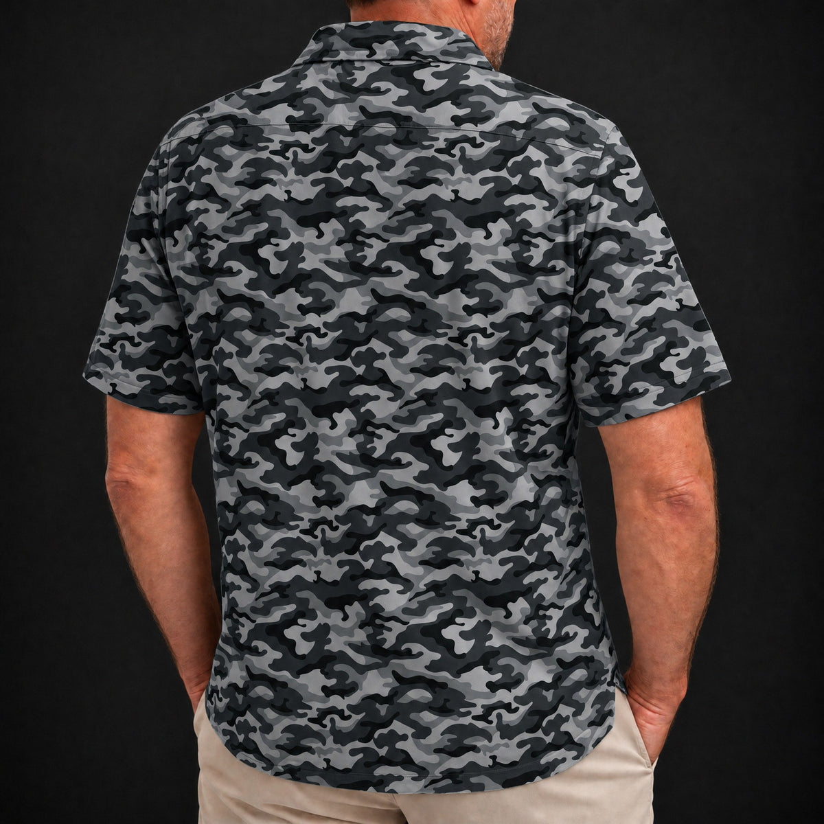 Grey Camo Performance Print Polo worn, back view