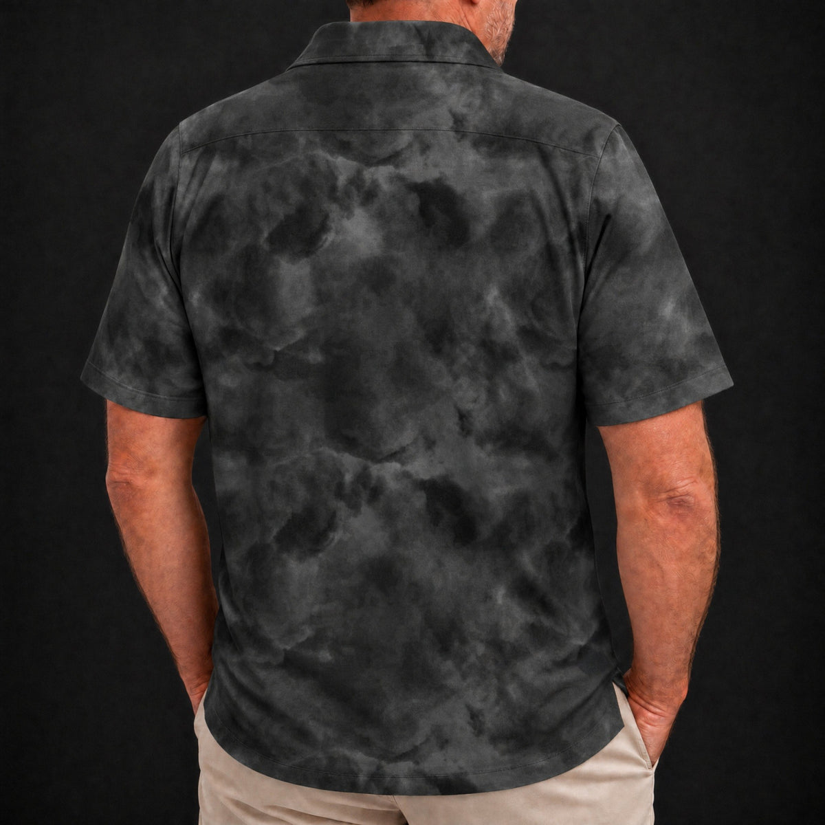 Black Smoke Performance Print Polo worn, back view