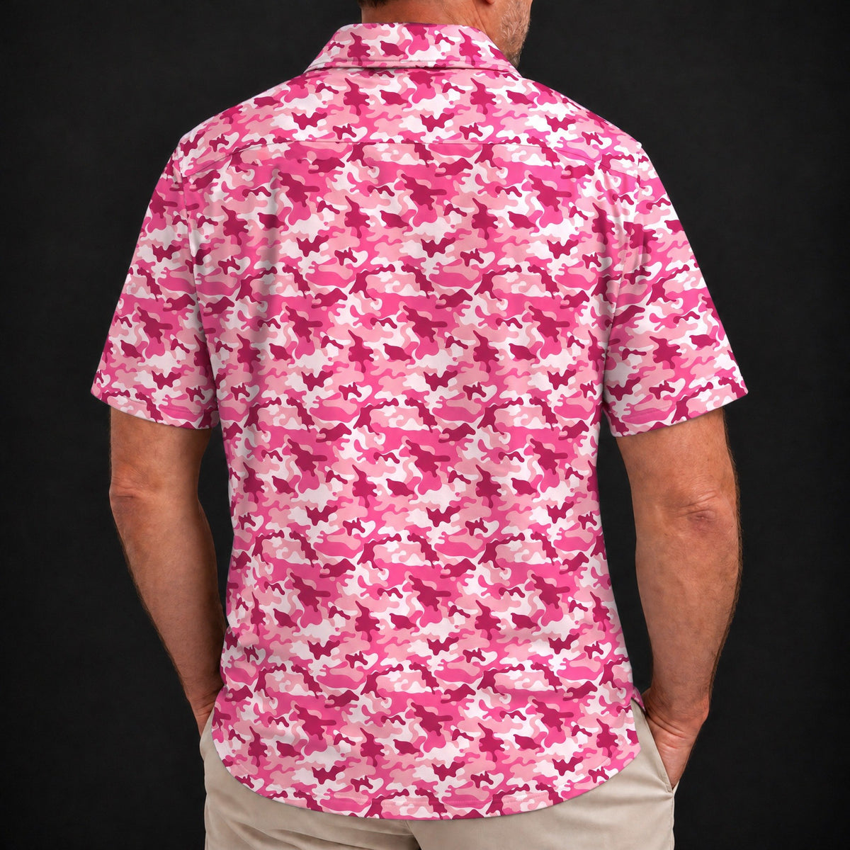 Pink Camo Performance Print Polo worn, back view