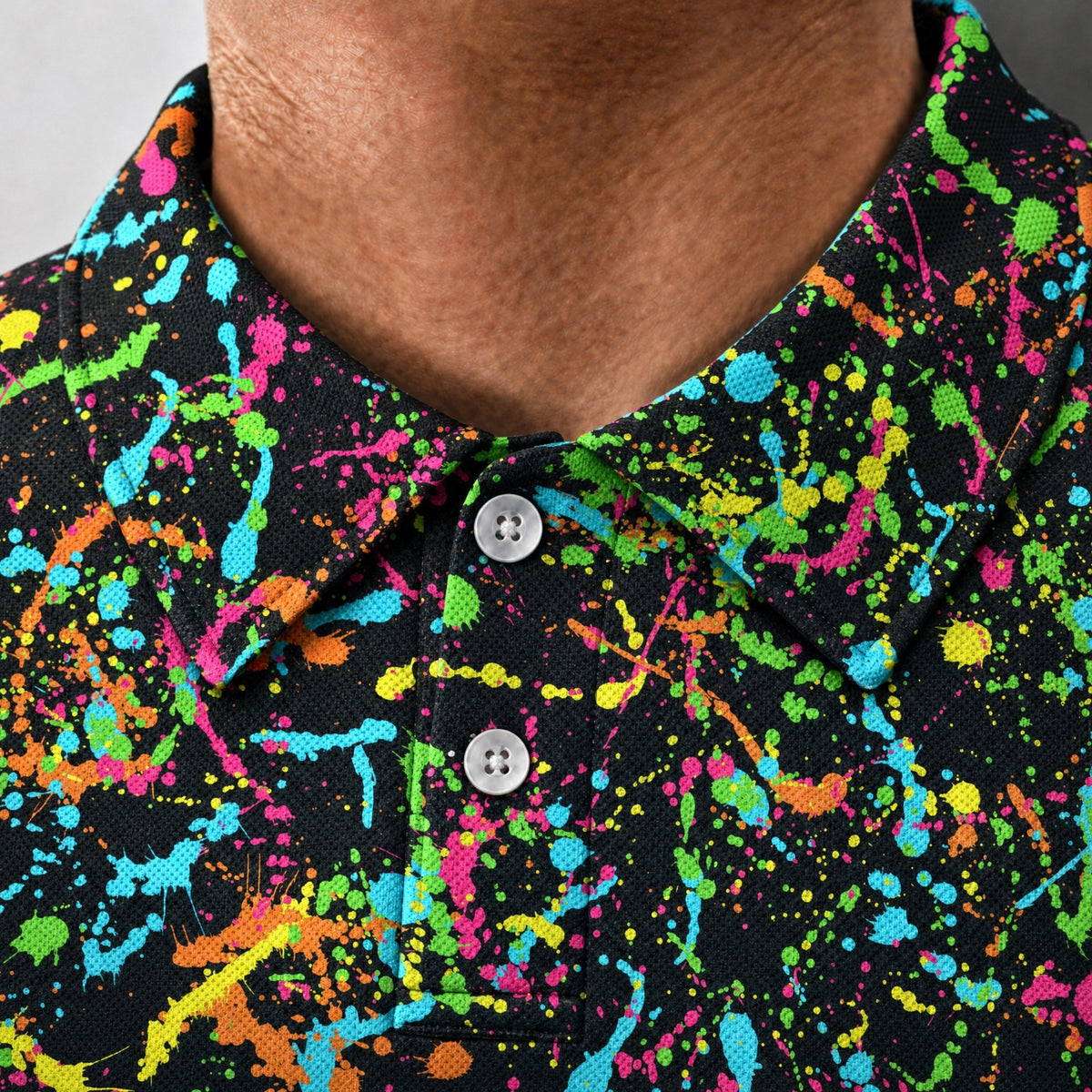 Electric Splatter Performance Print Polo, collar and placket close-up