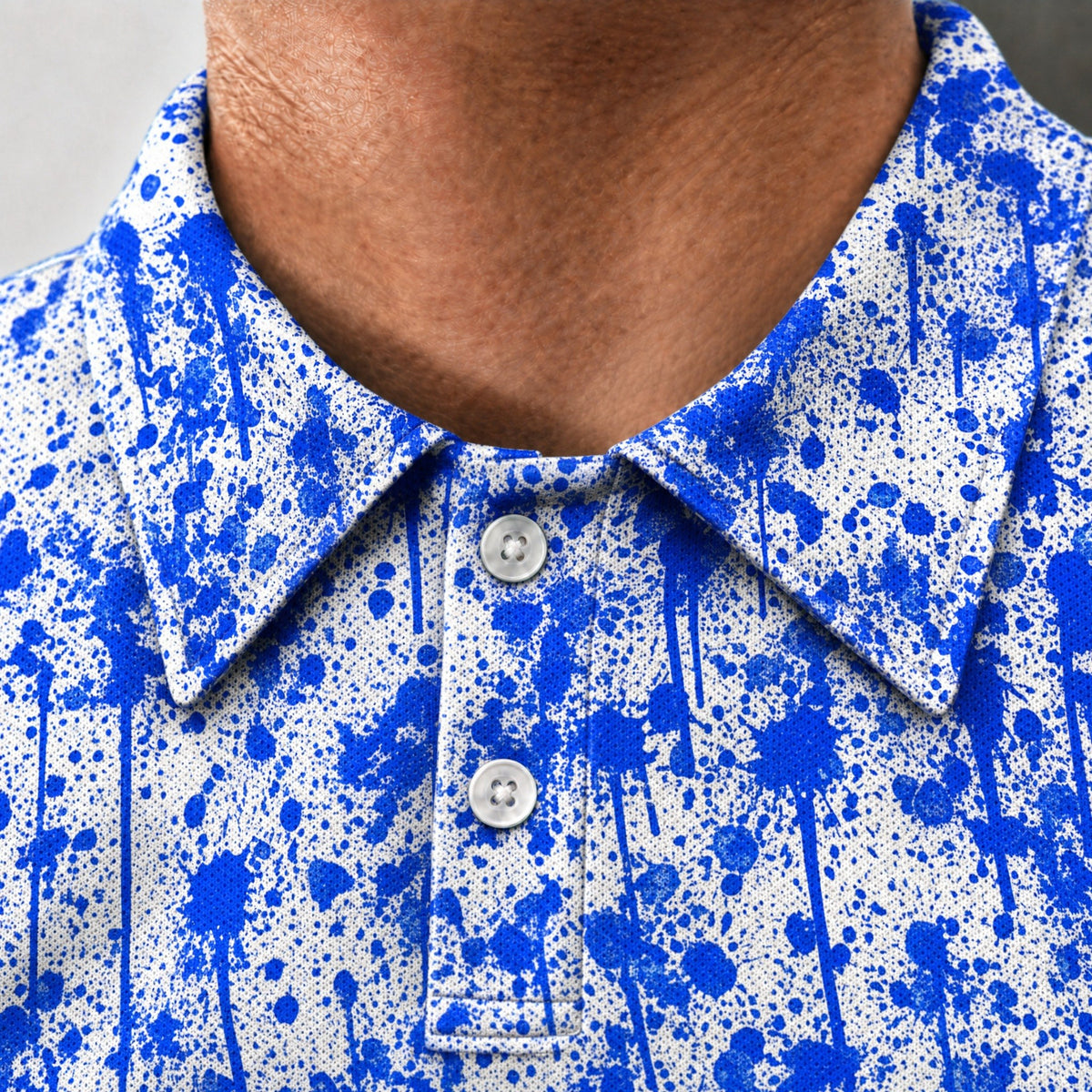 Blue Splatter Performance Print Polo, collar and placket close-up
