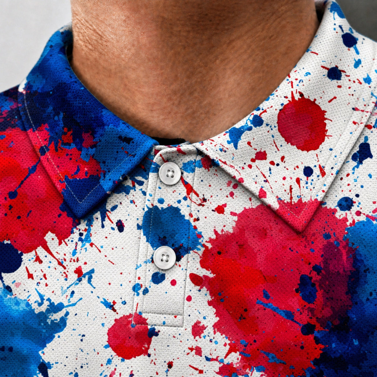 Patriot Splatter Performance Print Polo, collar and placket close-up