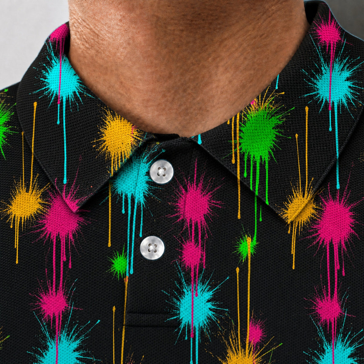 Neon Drip Performance Print Polo, collar and placket close-up