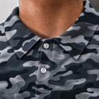 Grey Camo Performance Print Polo, collar and placket close-up