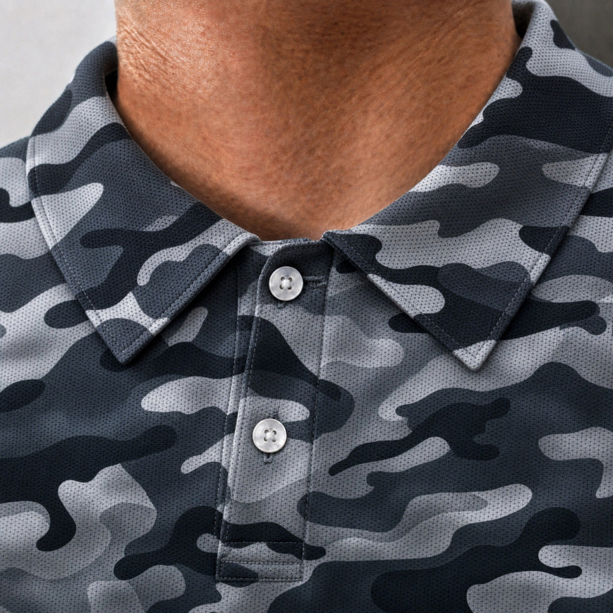 Grey Camo Performance Print Polo, collar and placket close-up