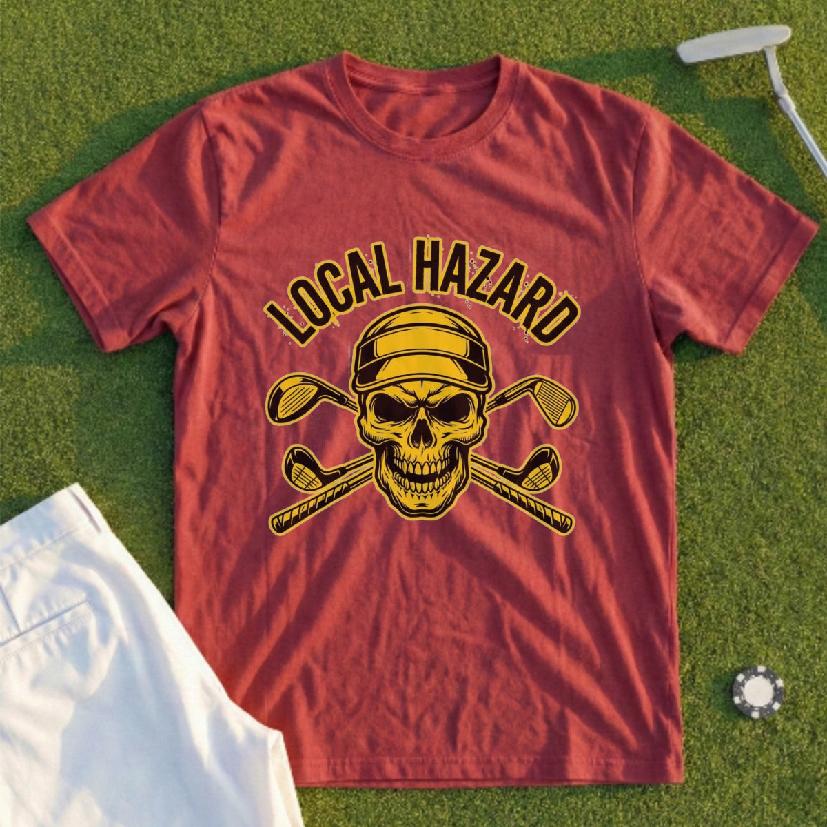 Local Hazard Skull Design Golf Theme Tee Shirt
