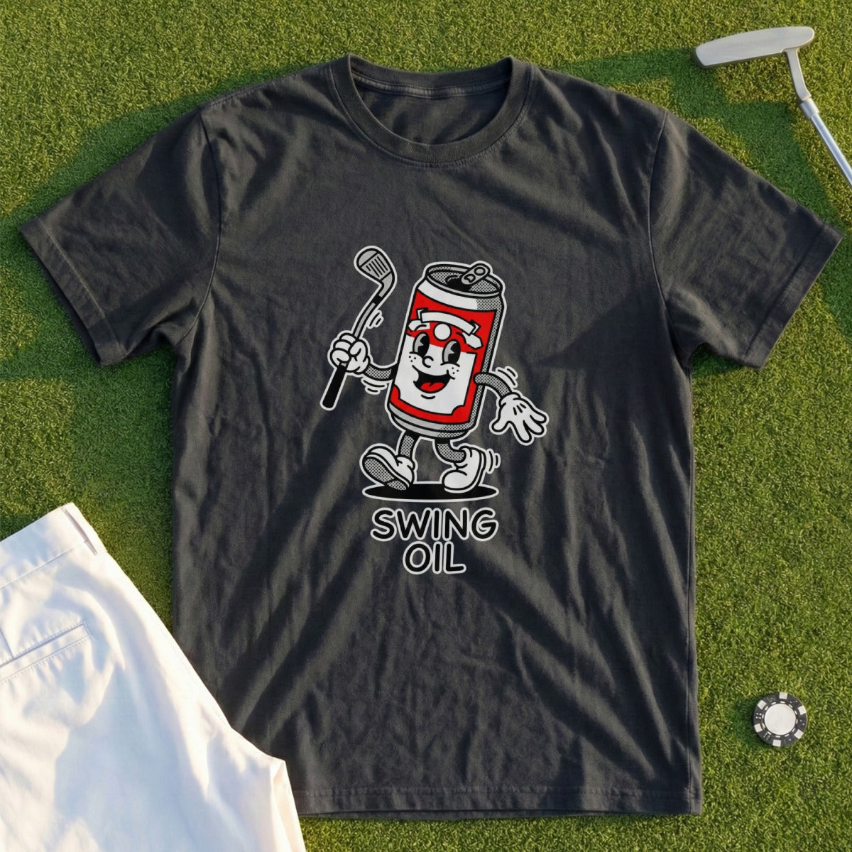 Swing Oil Golf Cartoon Can Character T-Shirt