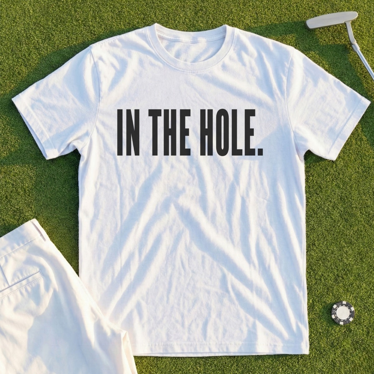 IN THE HOLE. White T-shirt Golf Themed Apparel