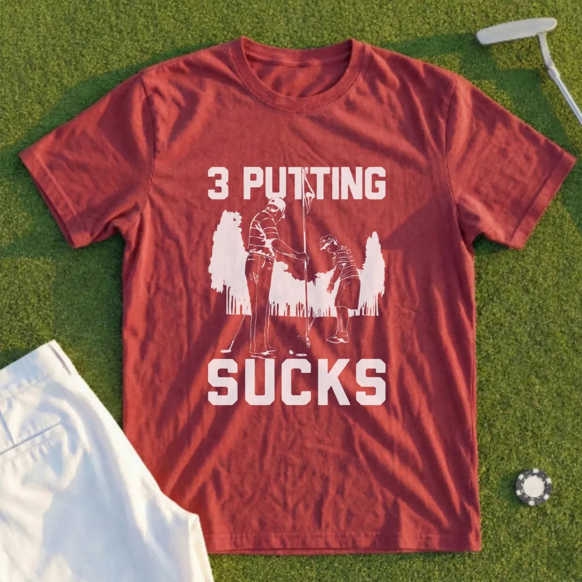 Maroon t-shirt with "3 Putting Sucks" and a golf illustration.