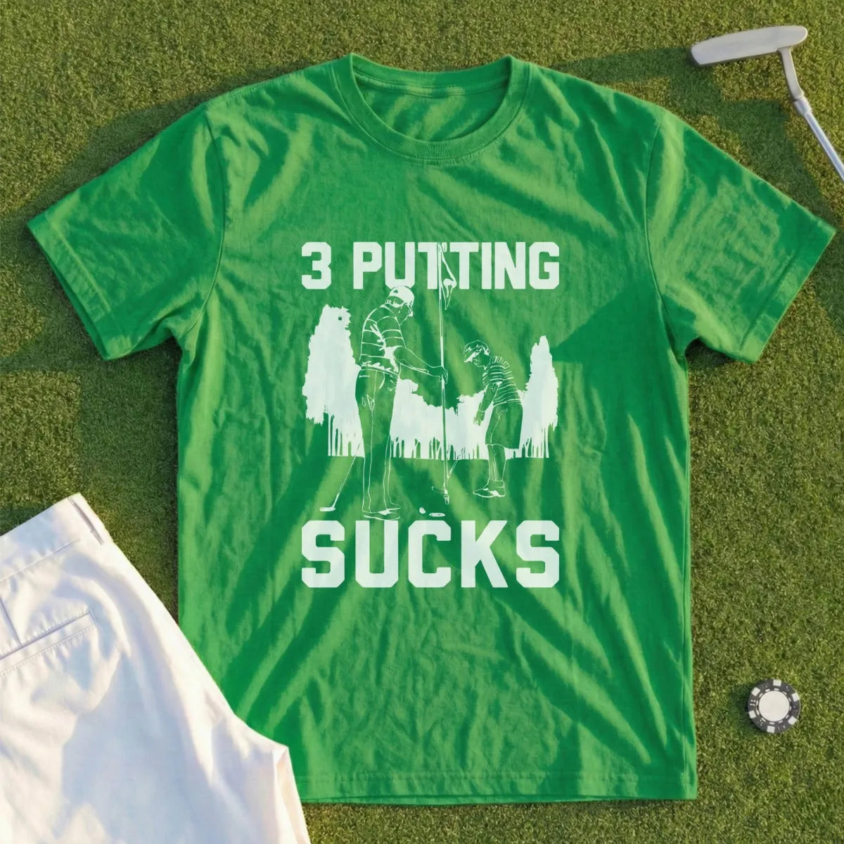 Green t-shirt with "3 PUTTING SUCKS" and golf graphic.