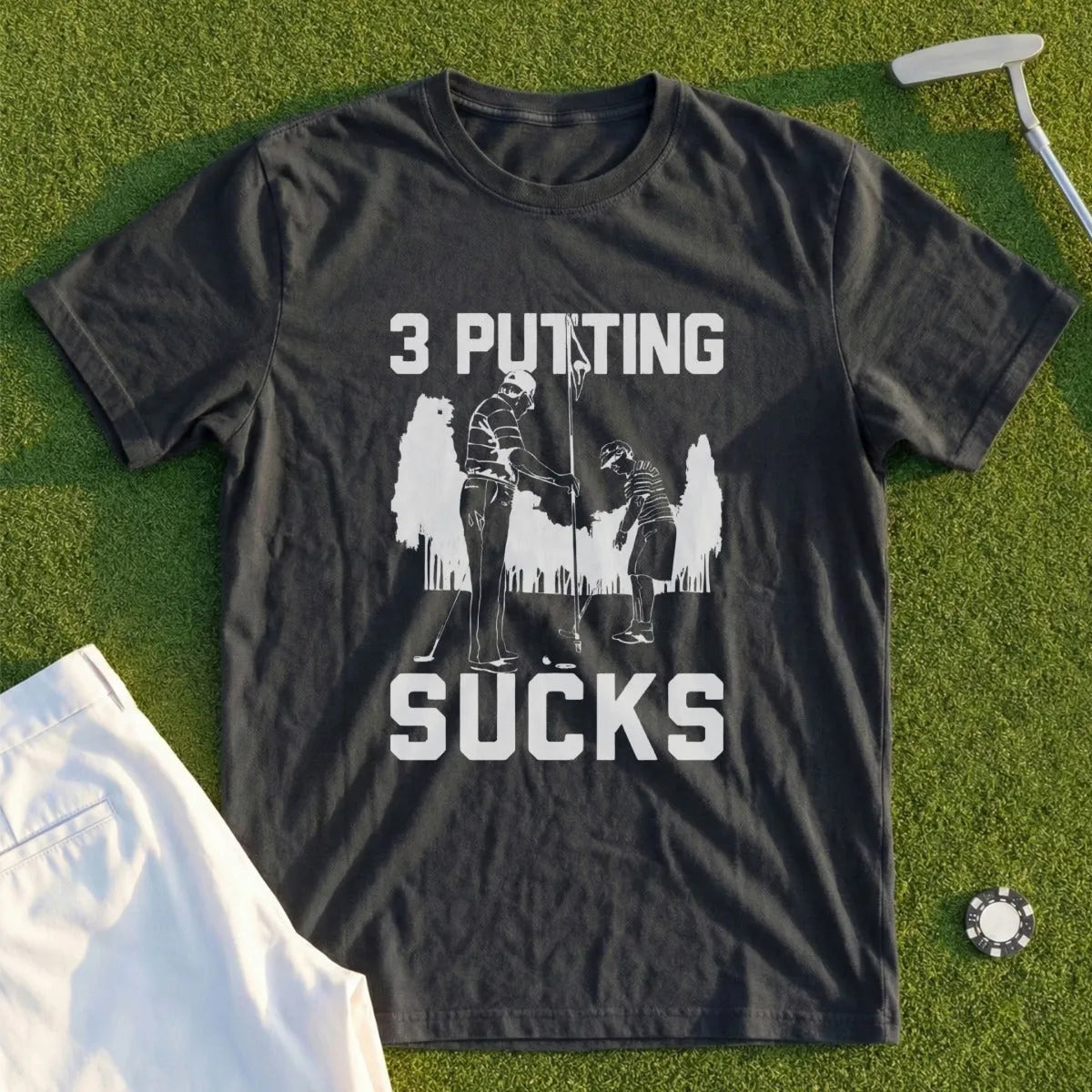Black t-shirt with "3 PUTTING SUCKS" text and golfer graphic.