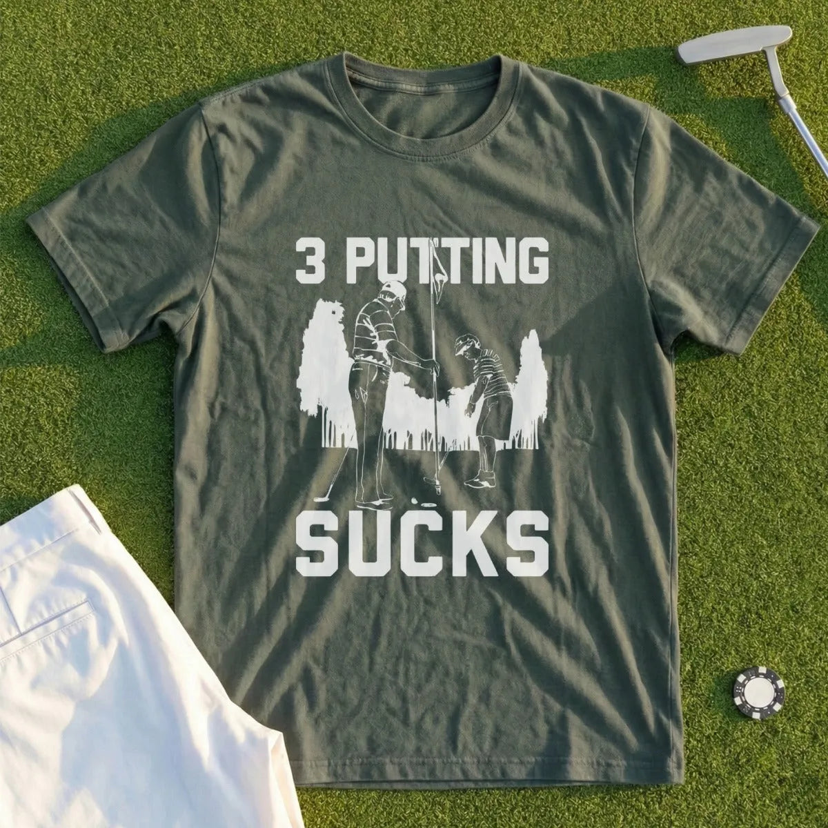 Green t-shirt with "3 PUTTING SUCKS" graphic showing two golfers.