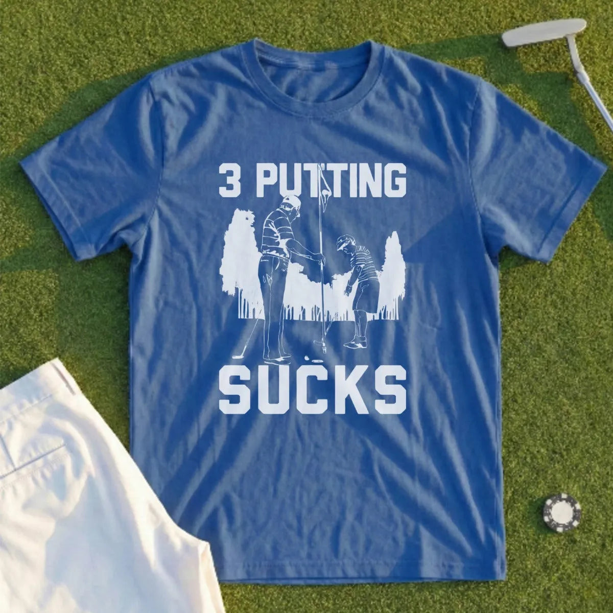 Blue t-shirt with "3 PUTTING SUCKS" text and golf graphic.