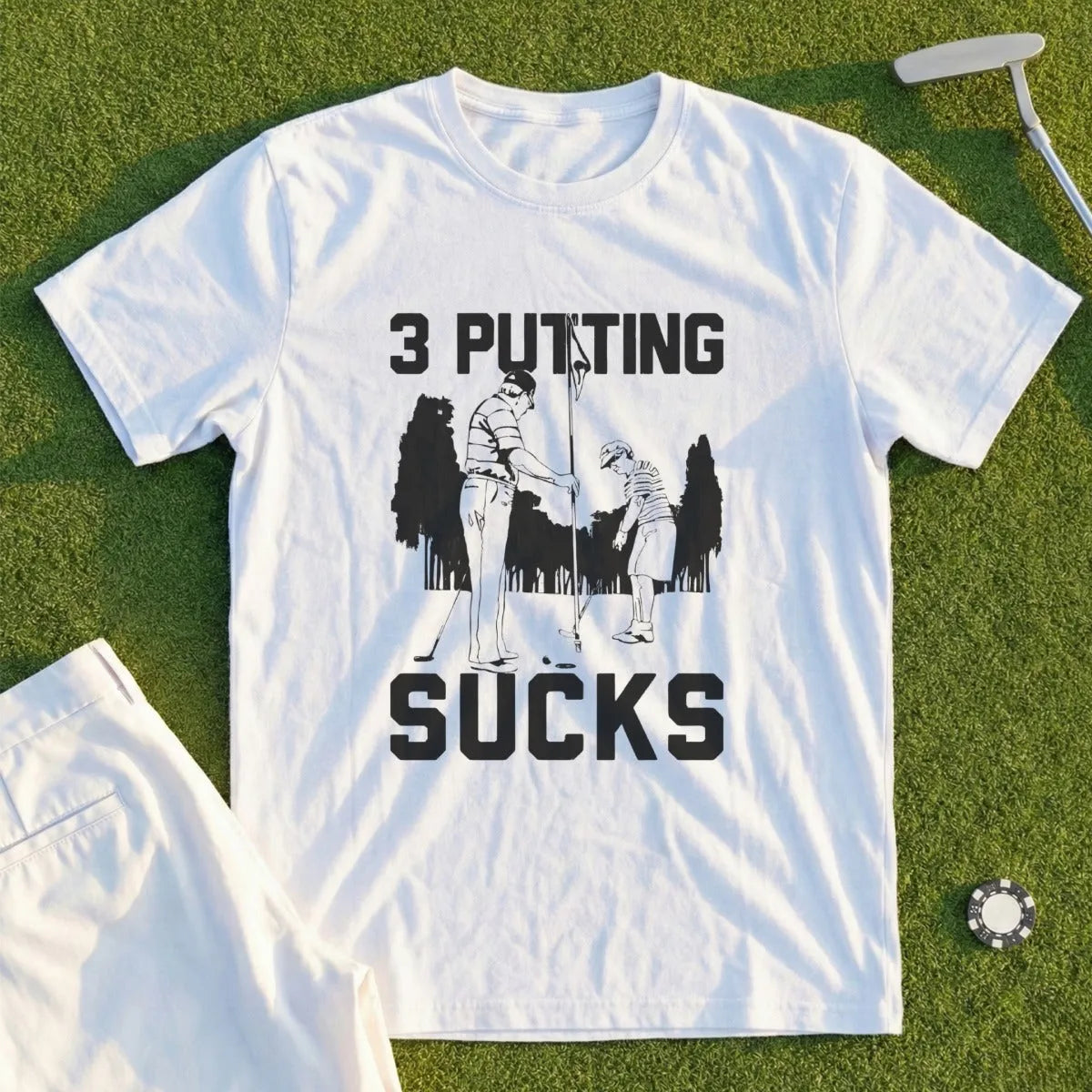 White t-shirt with "3 PUTTING SUCKS" text and golf illustration.