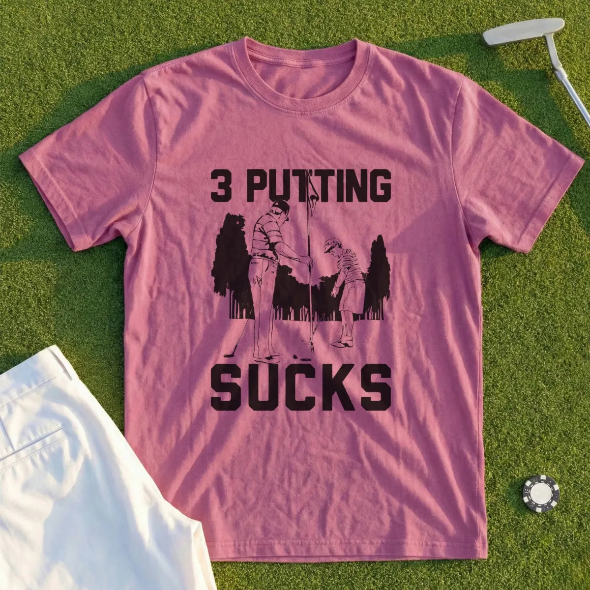 T-shirt with "3 PUTTING SUCKS" text and golfing graphic.