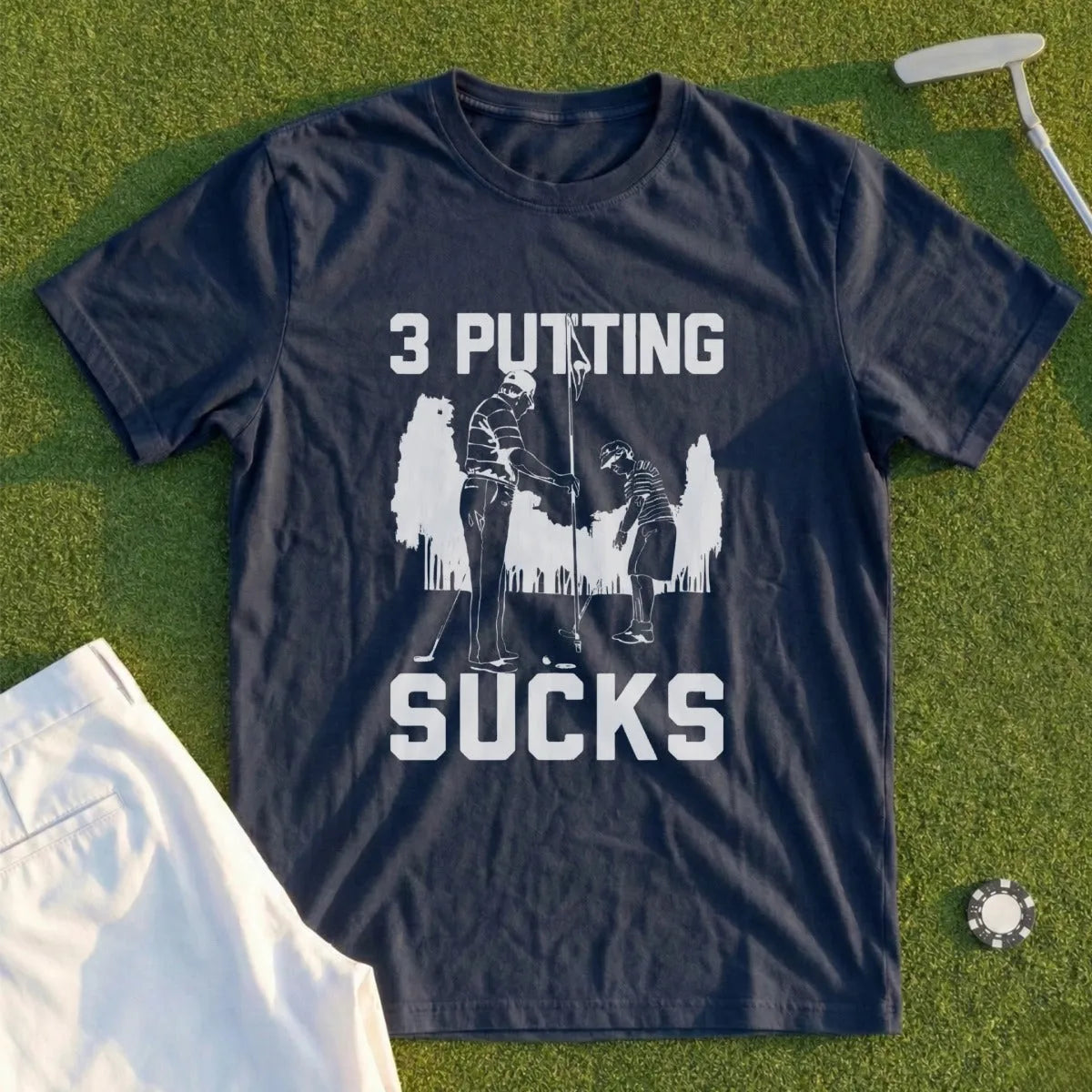 T-shirt with graphic of two golfers and text "3 PUTTING SUCKS".