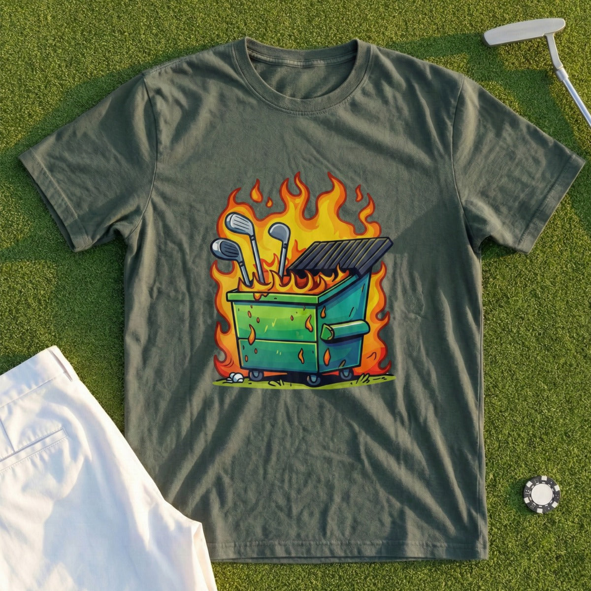 Burning Dumpster Cartoon Golf Clubs Graphic T-shirt