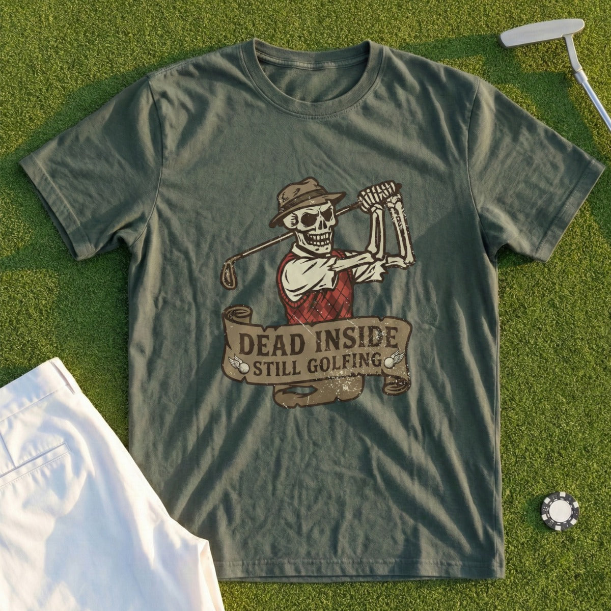 Dead Inside Still Golfing Skeleton Graphic T-shirt