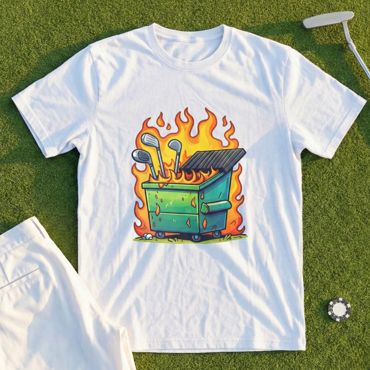 Humorous Burning Dumpster Graphic T-Shirt for Golf Lovers