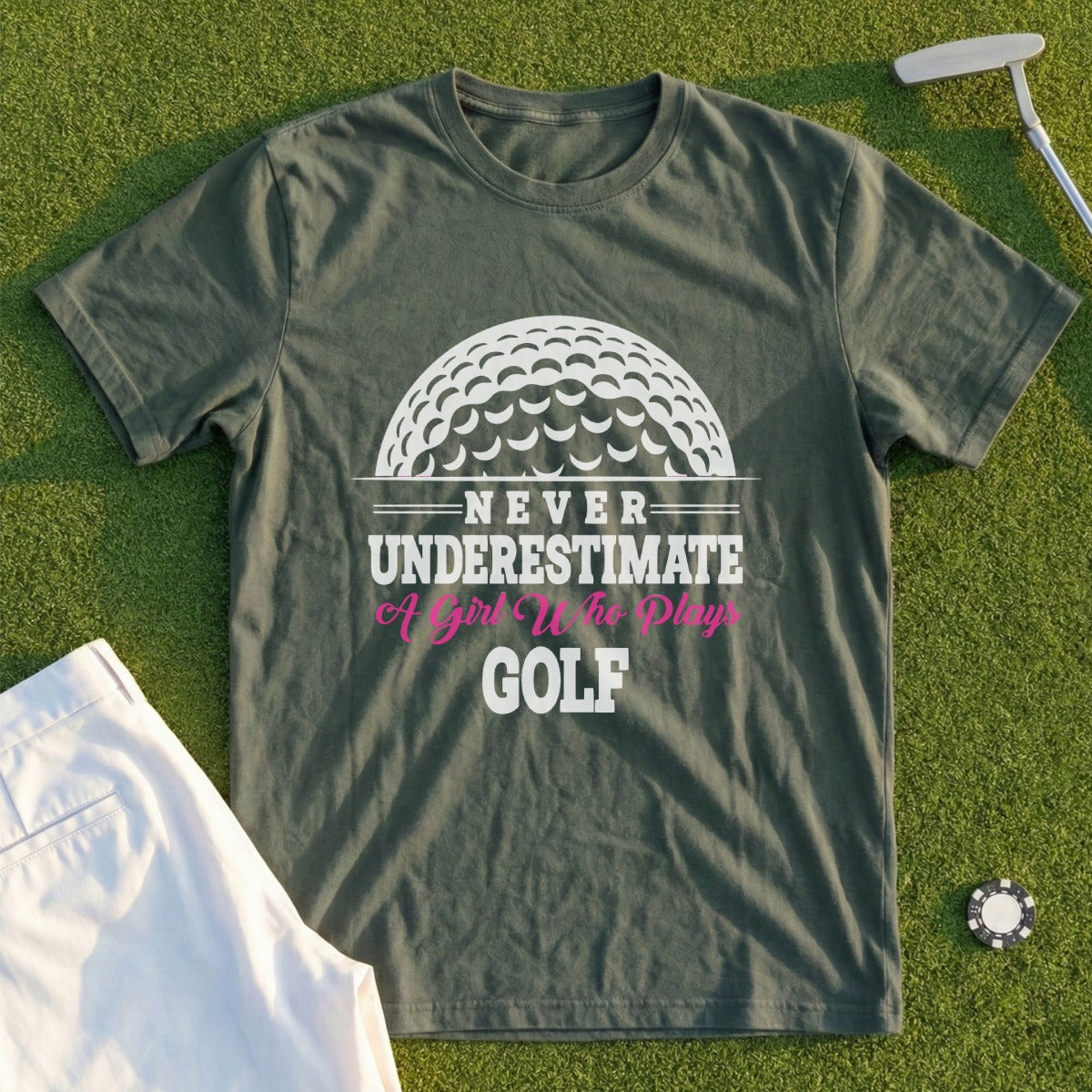 Green t-shirt with "Never Underestimate A Girl Who Plays GOLF" text and golf ball design.