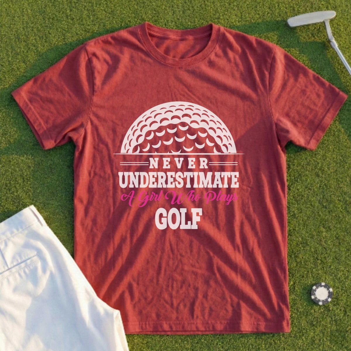 Maroon t-shirt with "Never Underestimate A Girl Who Plays Golf" text and golf ball graphic.